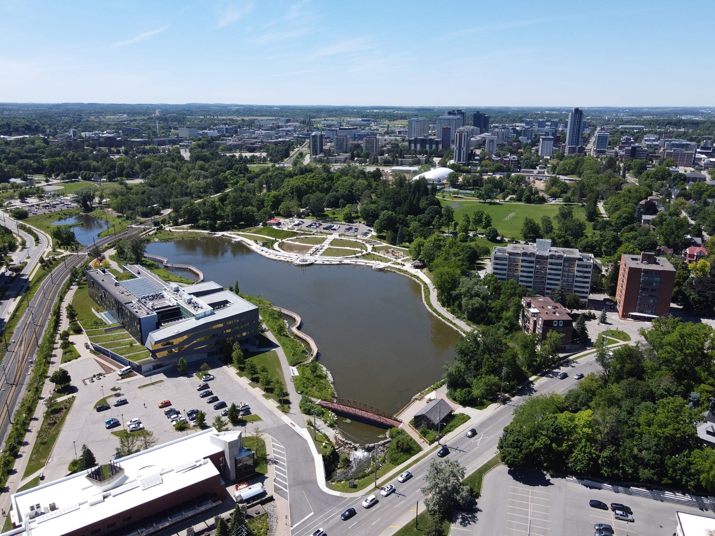 Waterloo Park and Silver Lake from above, with the Uptown Waterloo skyline behind